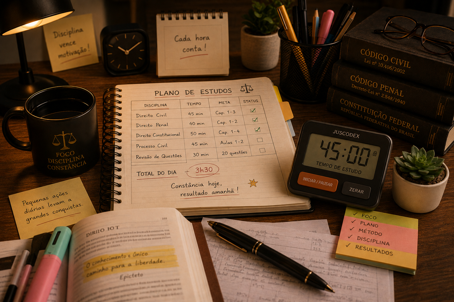 Mesa de estudos jurídicos com plano de estudos, cronômetro JusCodex, livros de Direito e anotações
