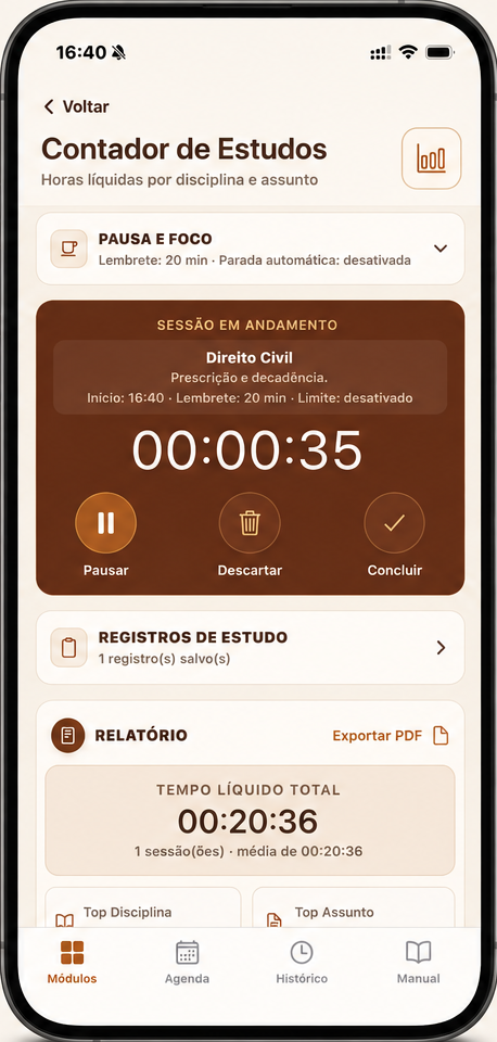 Tela do Contador de Estudos no JusCodex