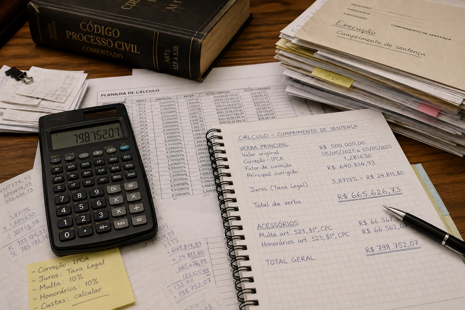 Mesa com documentos de execução de sentença, calculadora e livros jurídicos
