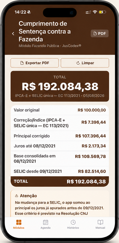 Tela do módulo Fazenda Pública no JusCodex