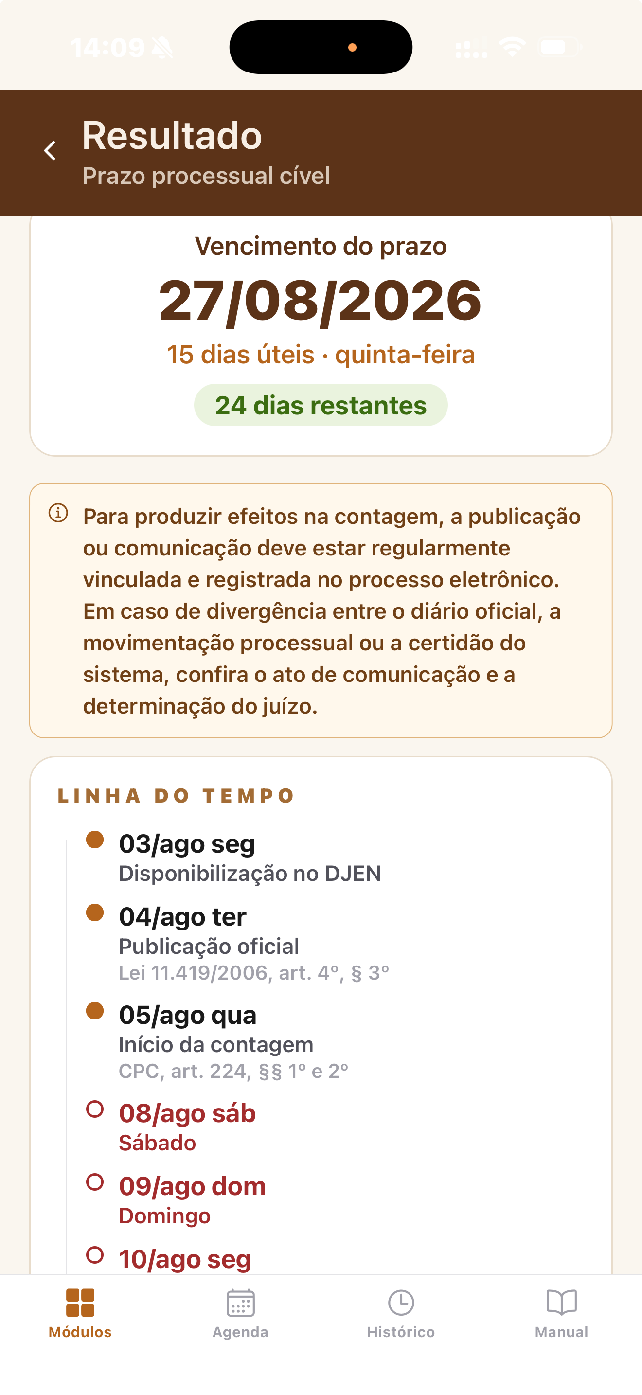 Tela RESULTADO — O JusCodex realiza a contagem automática, aplicando todas as regras e excluindo os dias não úteis.