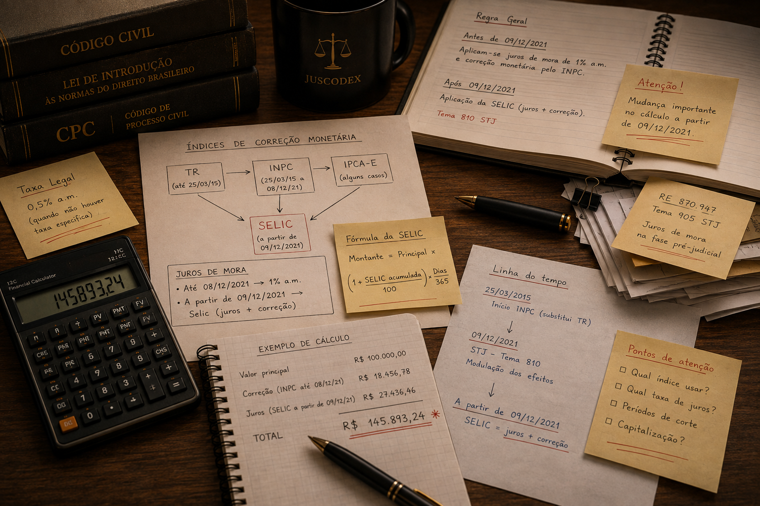 Mesa com anotações sobre índices de correção monetária, calculadora e cadernos jurídicos
