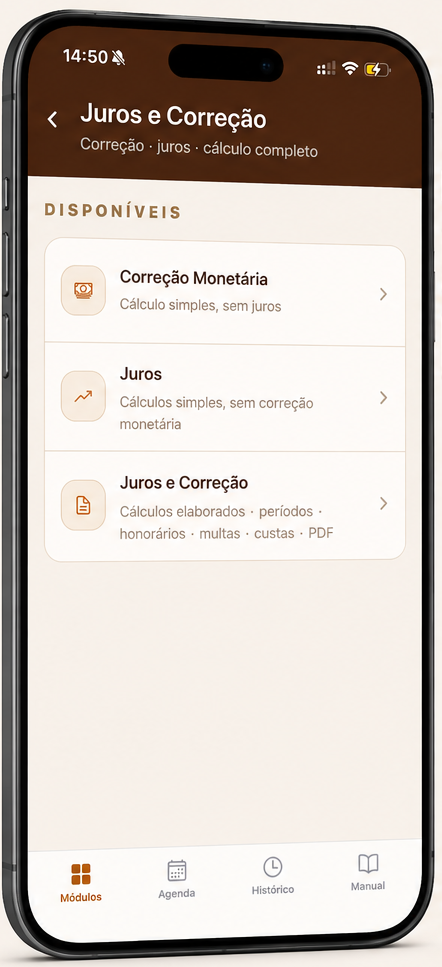 Tela do módulo Juros e Correção Monetária no JusCodex