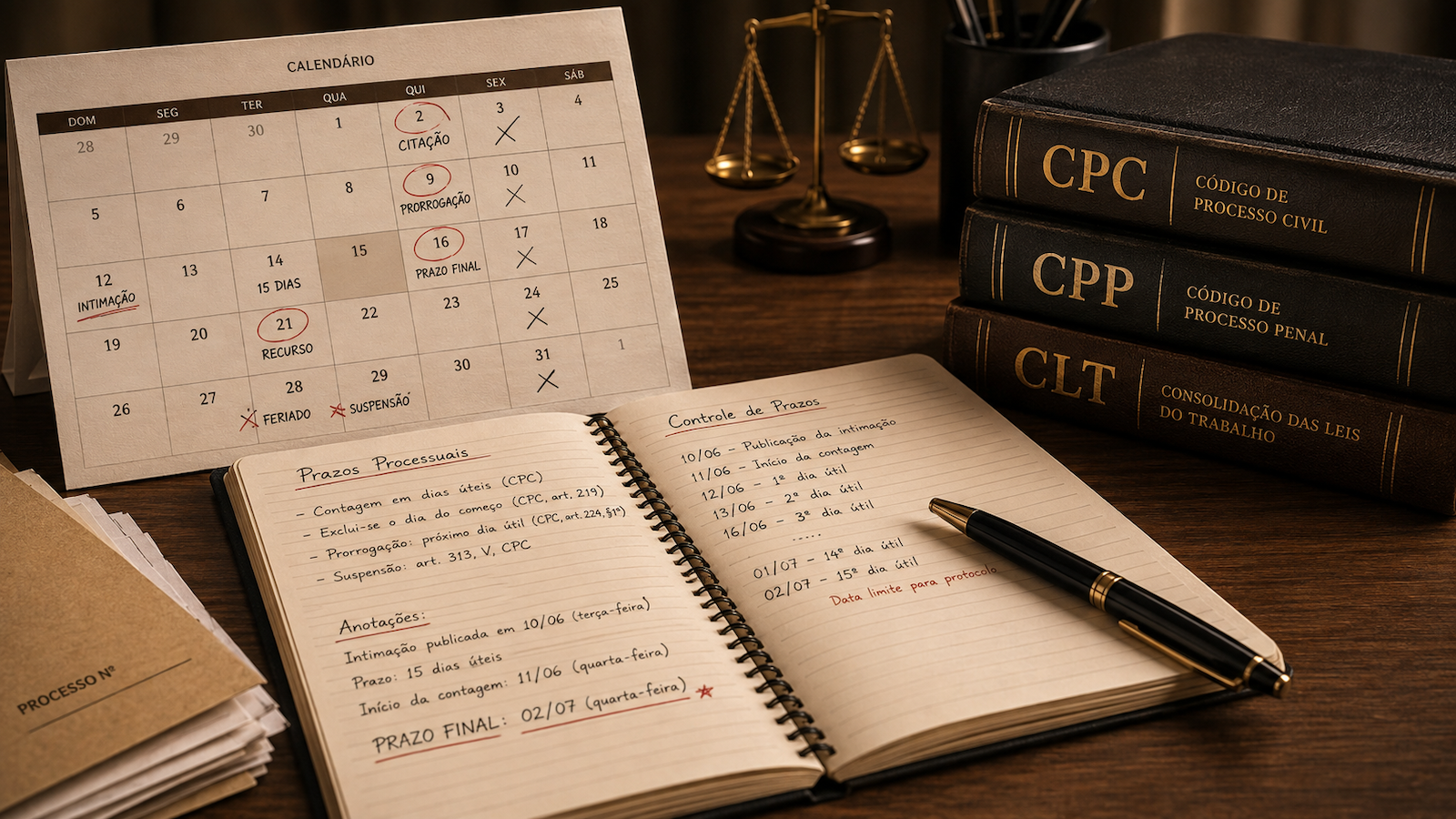 Calendário e caderno com anotações de prazos processuais manuais
