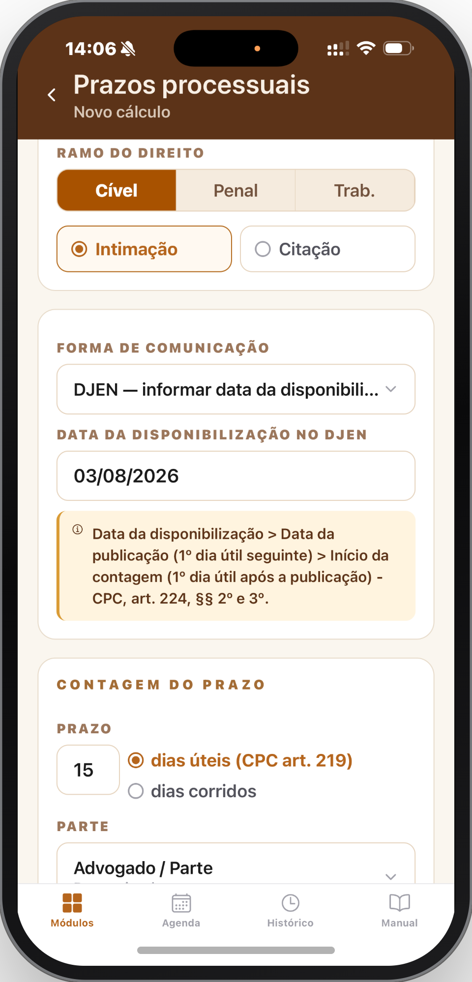 Tela do módulo Prazos Processuais no JusCodex
