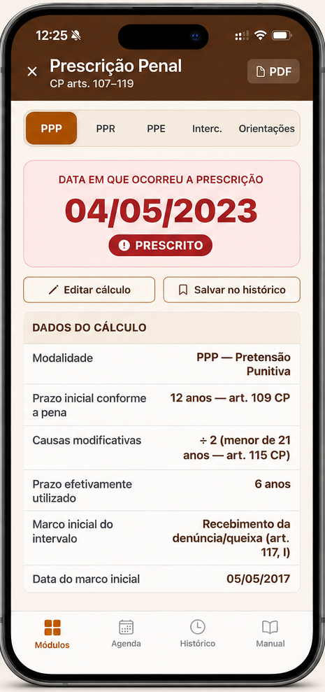 Tela do módulo Prescrição Penal no JusCodex